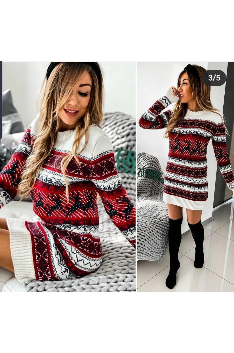 Rochie de Craciun tricotata alba cu reni negri Milona 2 - jojofashion.ro