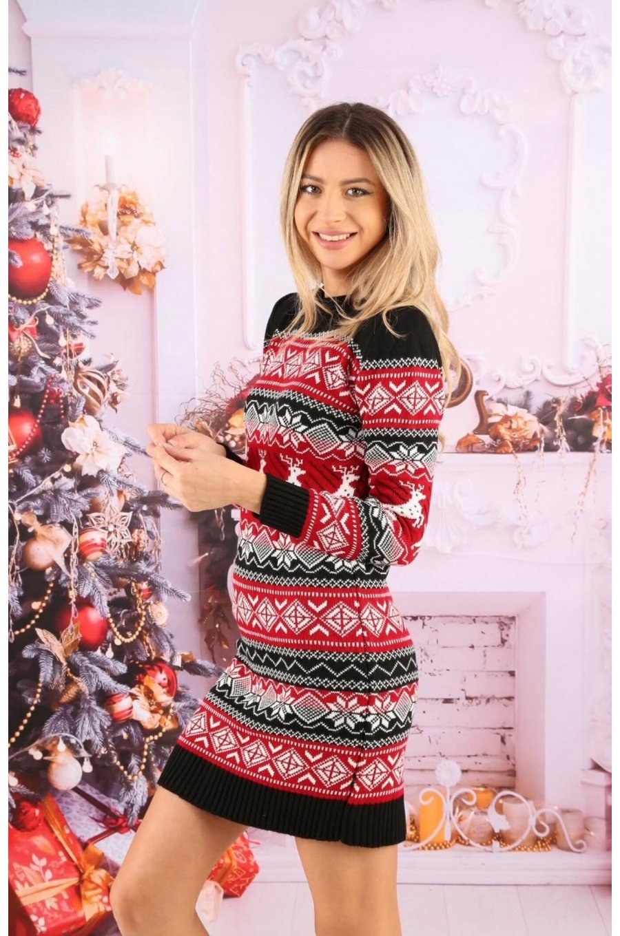 Rochie de Craciun tricotata scurta multicolora cu reni Milona 2 - jojofashion.ro