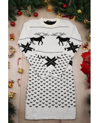 Rochie tricotata, alba, de Craciun print cu reni Della	 Rochii tricotate, Rochie tricotata, alba, de Craciun print cu reni Della	 - jojofashion.ro
