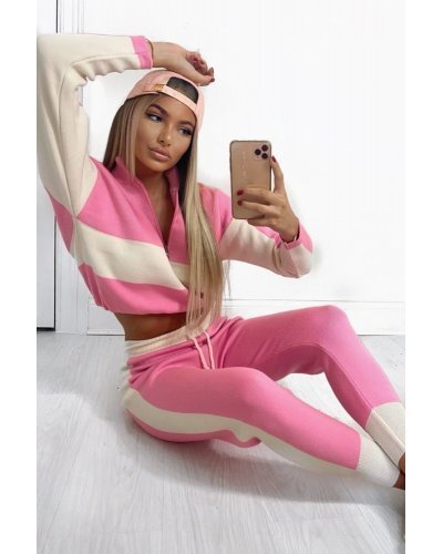 Compleu dama casual, din tricot, roz bombon, cu dungi albe Desiree - jojofashion.ro