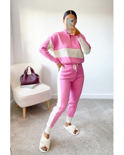 Compleu dama casual, din tricot, roz bombon, cu dungi albe Desiree - jojofashion.ro