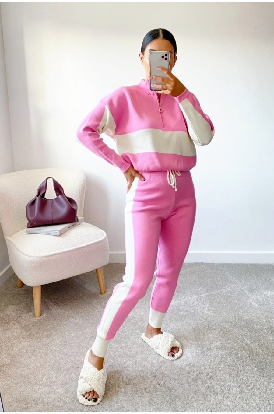 Compleu dama casual, din tricot, roz bombon, cu dungi albe Desiree 2 - jojofashion.ro