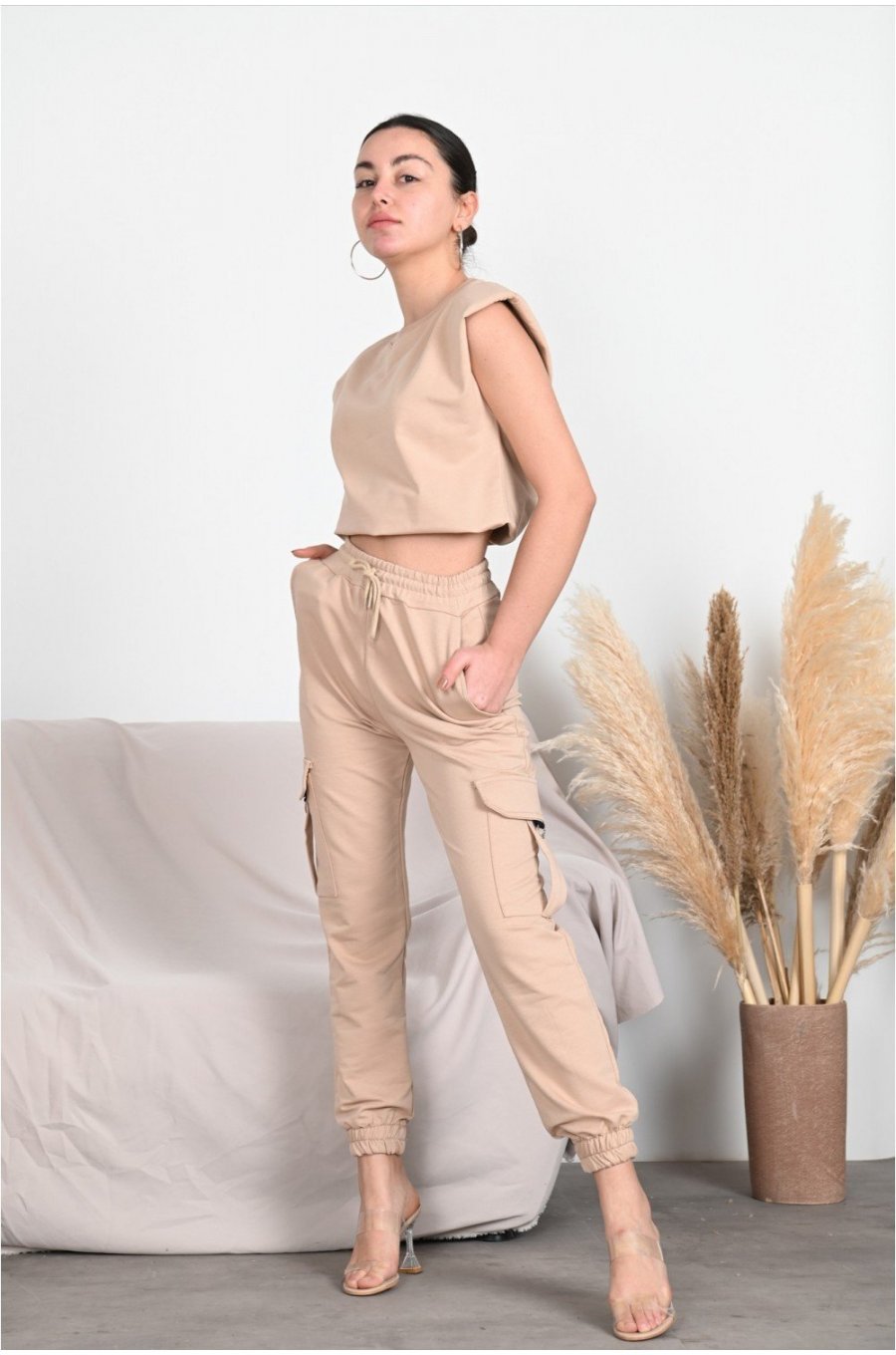 Trening dama bumbac, bej, stil cargo Havva Trening dama bumbac, bej, stil cargo Havva 1 - jojofashion.ro