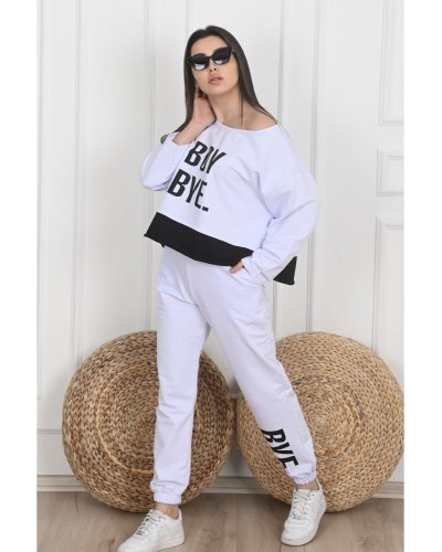 Trening dama sport bumbac alb cu imprimeu negru BoyBye - jojofashion.ro