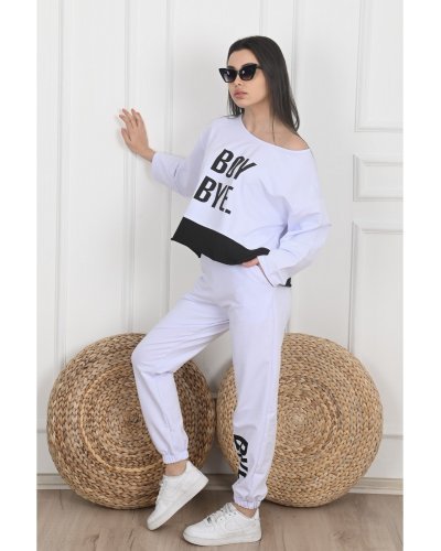 Trening dama sport bumbac alb cu imprimeu negru BoyBye - jojofashion.ro