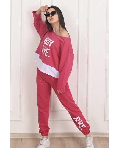 Trening dama sport, bumbac roz cu print alb, BoyBye - jojofashion.ro