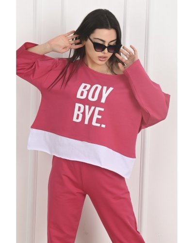 Trening dama sport, bumbac roz cu print alb, BoyBye - jojofashion.ro