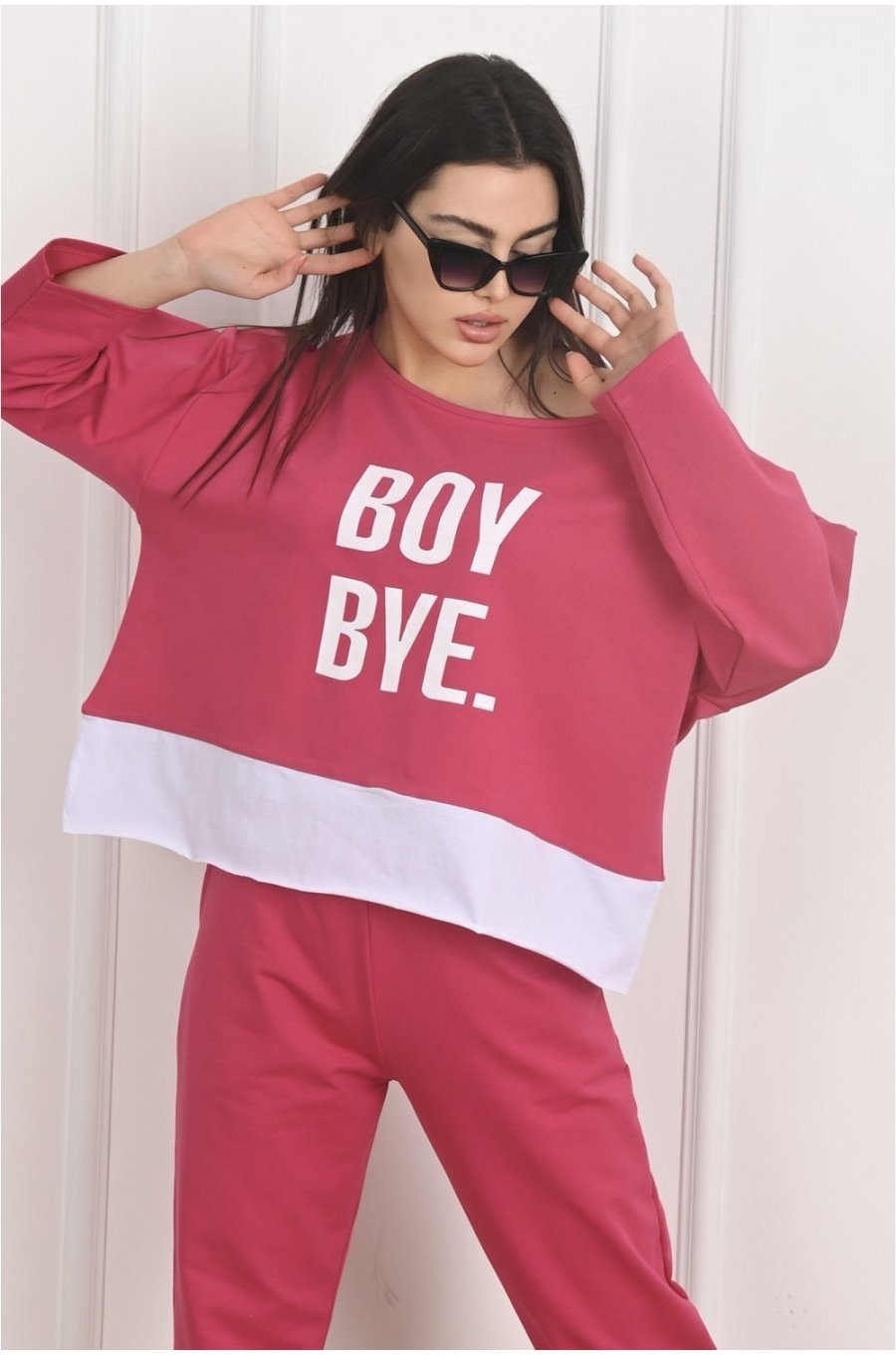 Trening dama sport, bumbac roz cu print alb, BoyBye Trening dama sport, bumbac roz cu print alb, BoyBye 2 - jojofashion.ro