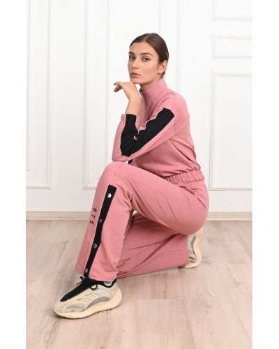 Trening dama sport, bumbac roz pudrat, cu capse functionale, Vallery - jojofashion.ro