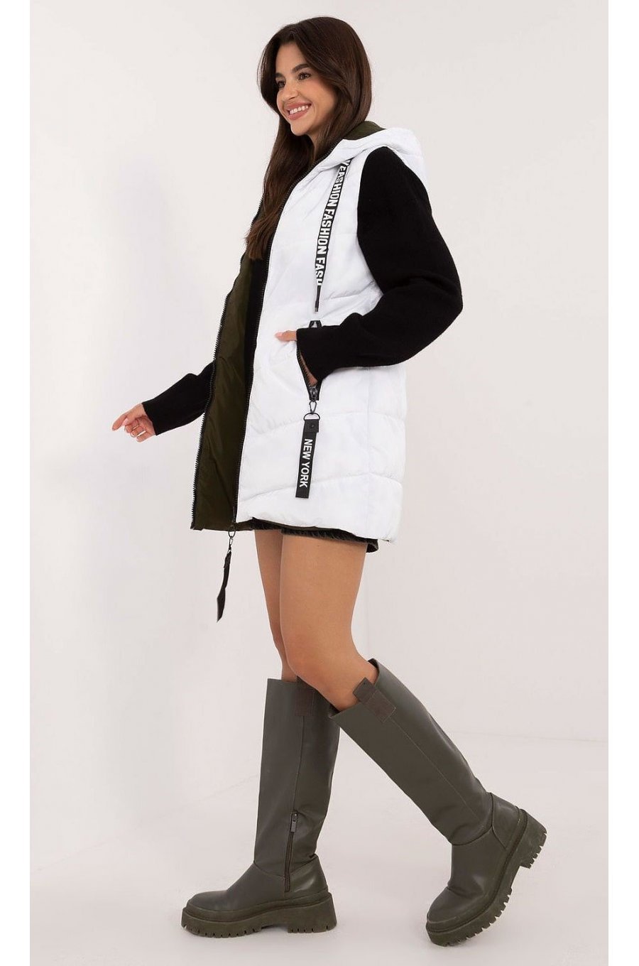 Vesta dama alba cu doua fete, midi, din fas, cu gluga, Sayya 1 - jojofashion.ro