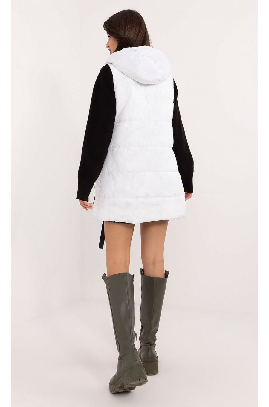 Vesta dama alba cu doua fete, midi, din fas, cu gluga, Sayya 2 - jojofashion.ro