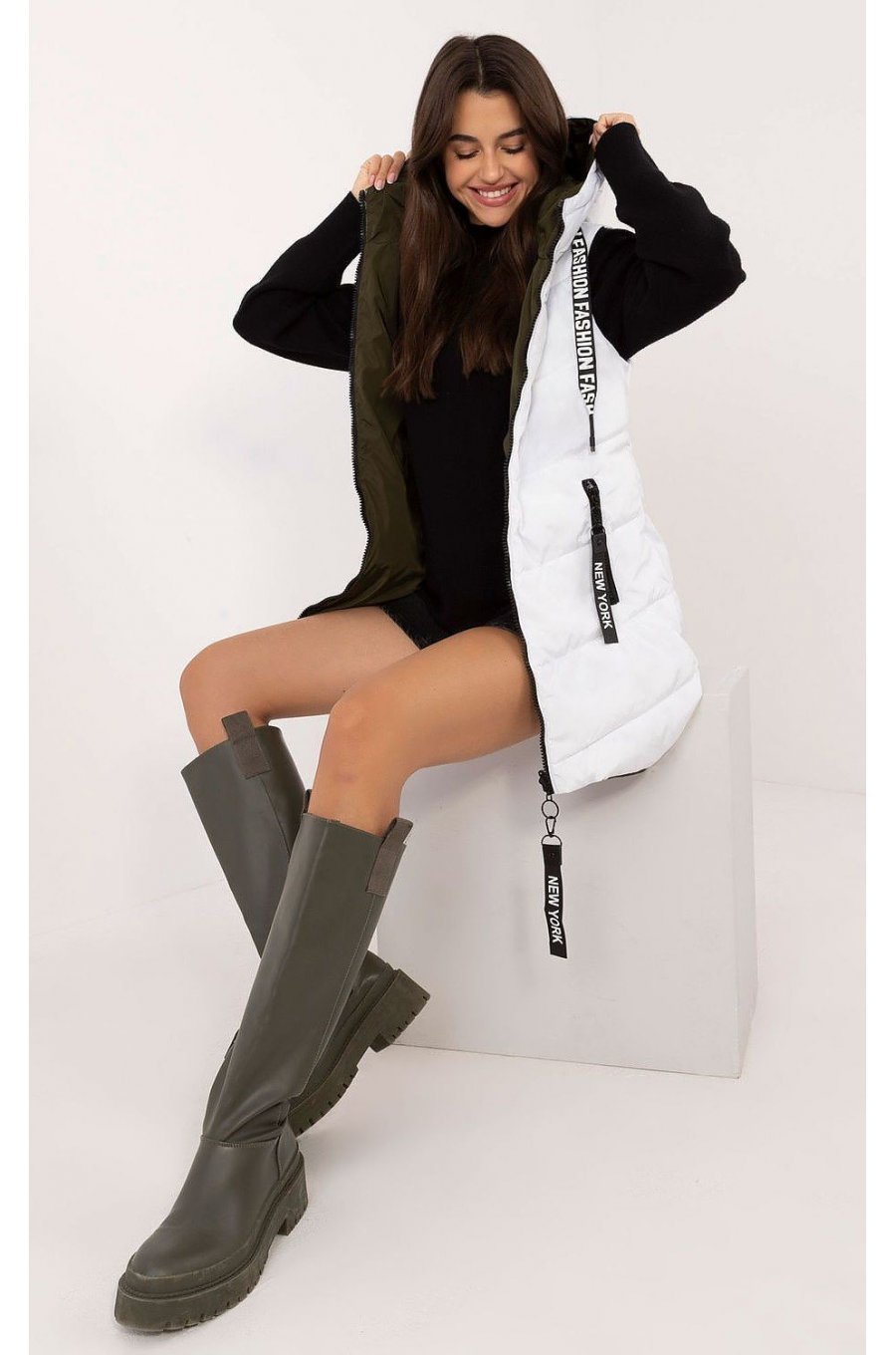Vesta dama alba cu doua fete, midi, din fas, cu gluga, Sayya 3 - jojofashion.ro