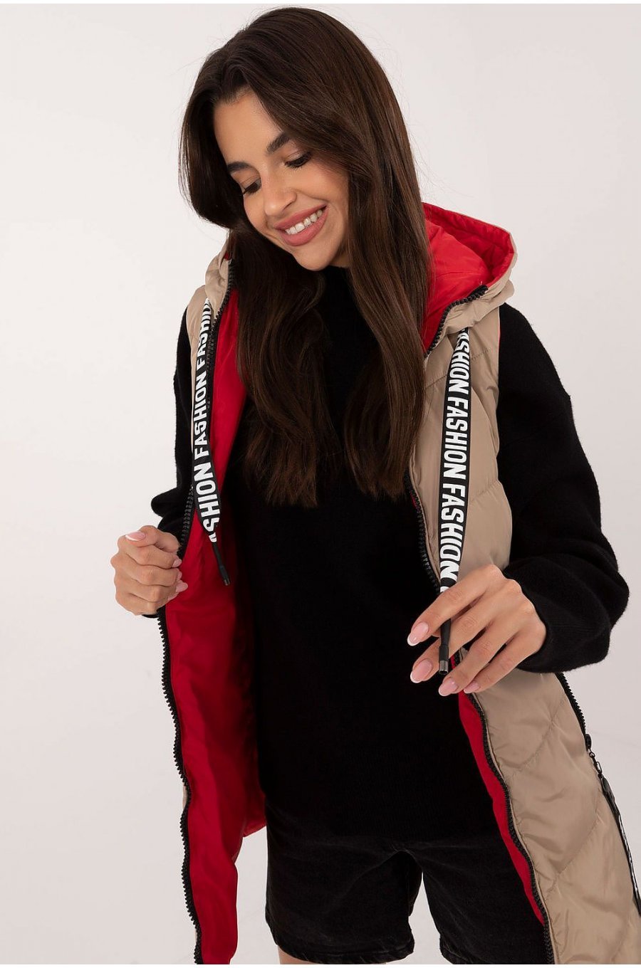 Vesta dama bej cu doua fete, midi, din fas, cu gluga, Sayya1 1 - jojofashion.ro