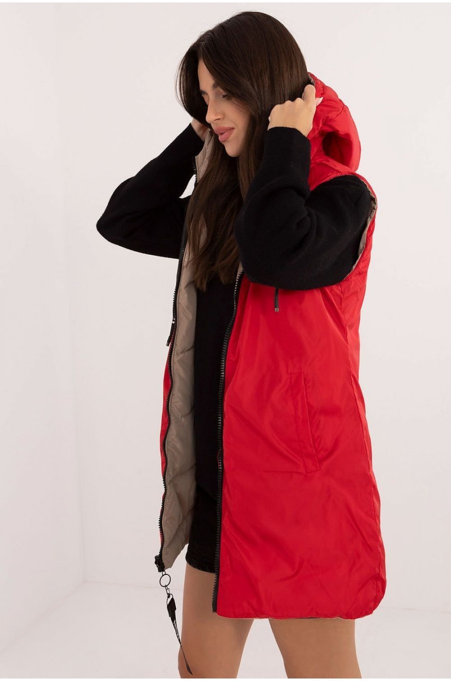 Vesta dama bej cu doua fete, midi, din fas, cu gluga, Sayya1 2 - jojofashion.ro