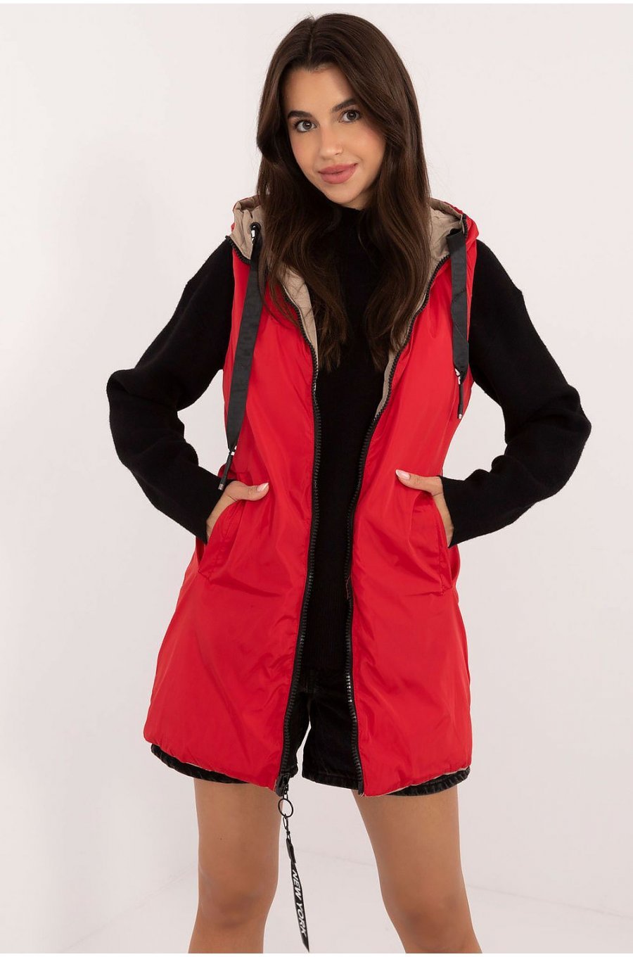 Vesta dama bej cu doua fete, midi, din fas, cu gluga, Sayya1 4 - jojofashion.ro