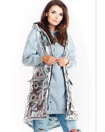 Vesta dama lunga asimetrica, argintie, lucioasa, cu gluga si buzunare, Shauna Vesta dama lunga asimetrica, argintie, lucioasa, cu gluga si buzunare, Shauna - jojofashion.ro