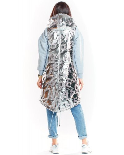 Vesta dama lunga asimetrica, argintie, lucioasa, cu gluga si buzunare, Shauna Vesta dama lunga asimetrica, argintie, lucioasa, cu gluga si buzunare, Shauna - jojofashion.ro