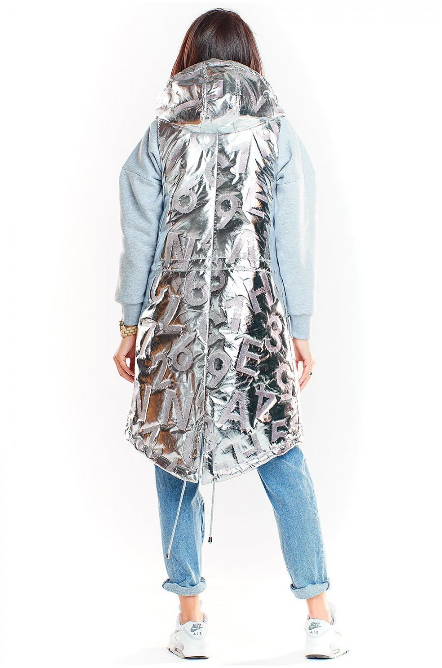 Vesta dama lunga asimetrica, argintie, lucioasa, cu gluga si buzunare, Shauna 2 - jojofashion.ro