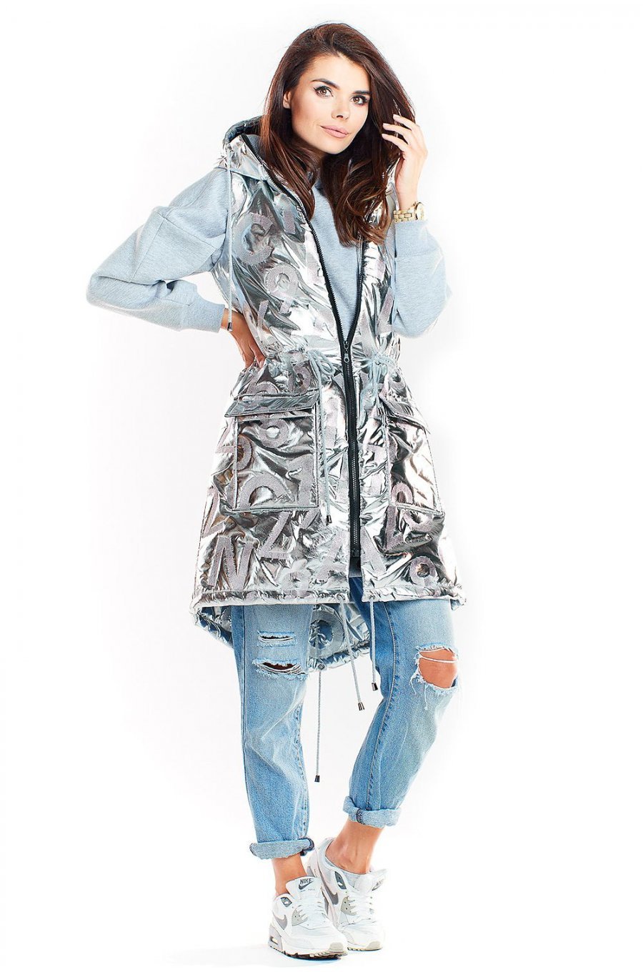 Vesta dama lunga asimetrica, argintie, lucioasa, cu gluga si buzunare, Shauna 3 - jojofashion.ro