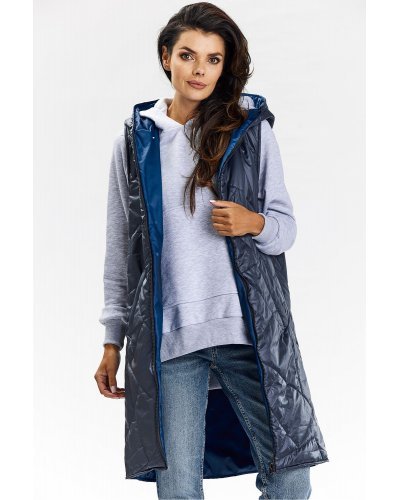 Vesta dama lunga, cu doua fete, bleumarin, cu gluga, Nehir Vesta dama lunga, cu doua fete, bleumarin, cu gluga, Nehir - jojofashion.ro