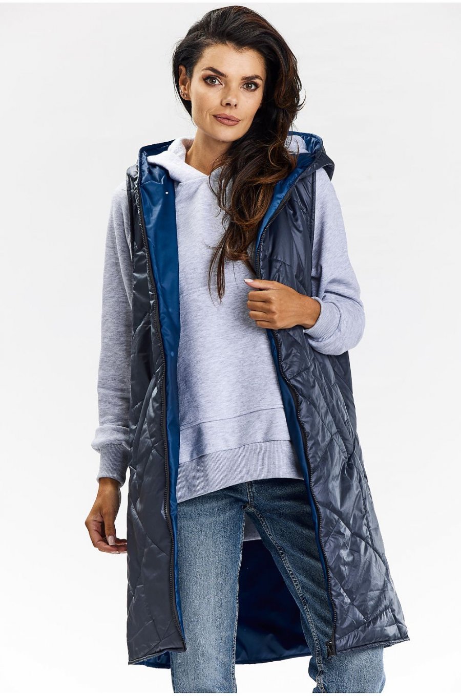 Vesta dama lunga, cu doua fete, bleumarin, cu gluga, Nehir Vesta dama lunga, cu doua fete, bleumarin, cu gluga, Nehir 1 - jojofashion.ro