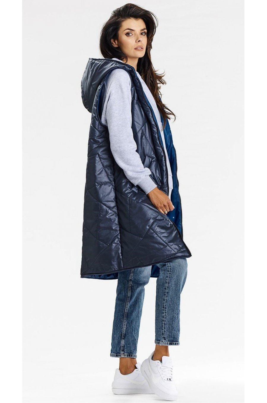 Vesta dama lunga, cu doua fete, bleumarin, cu gluga, Nehir Vesta dama lunga, cu doua fete, bleumarin, cu gluga, Nehir 2 - jojofashion.ro
