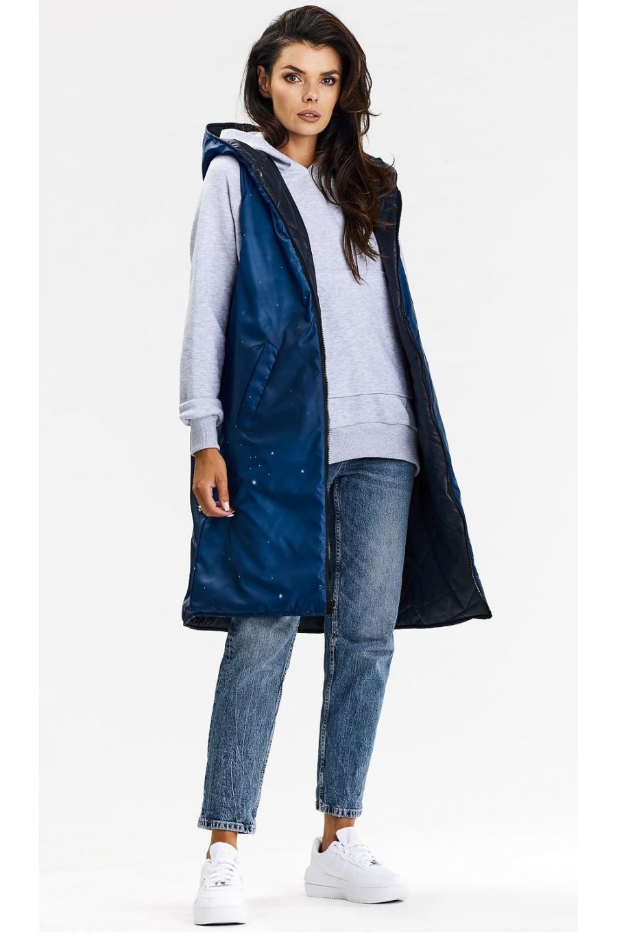 Vesta dama lunga, cu doua fete, bleumarin, cu gluga, Nehir Vesta dama lunga, cu doua fete, bleumarin, cu gluga, Nehir 4 - jojofashion.ro