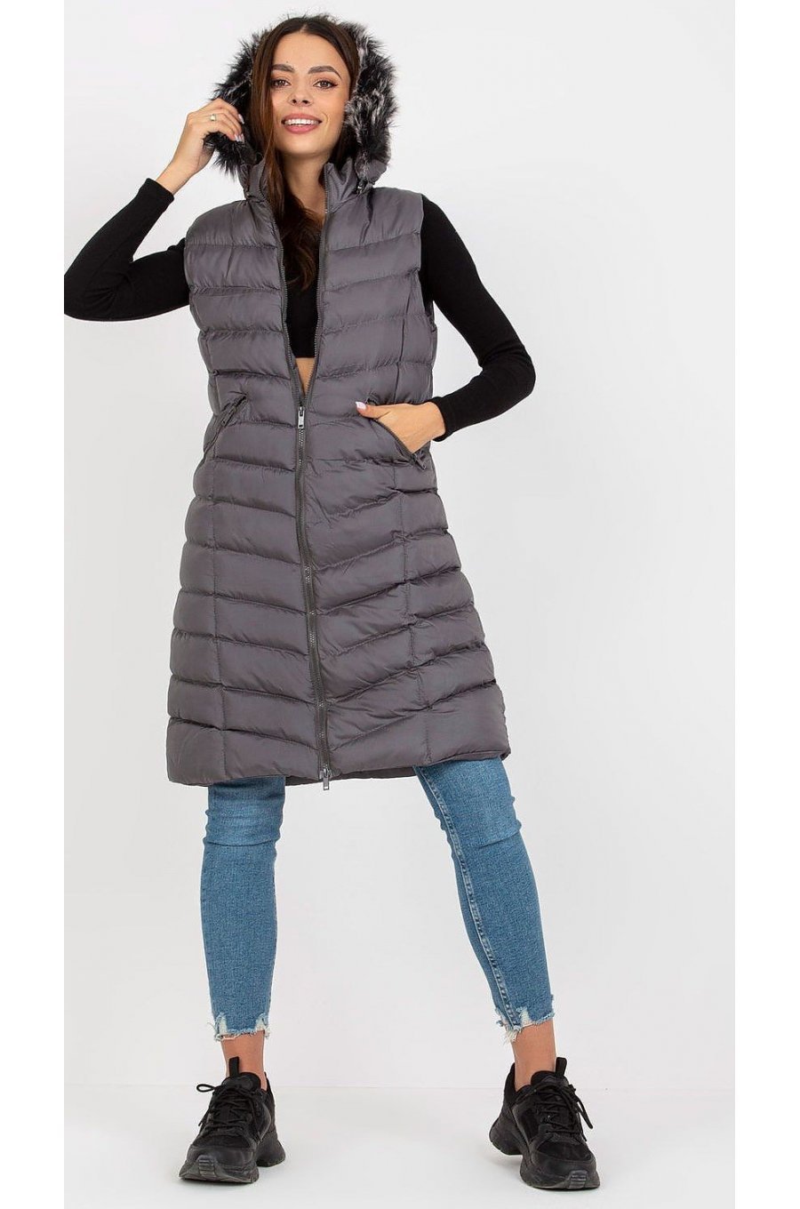 Vesta dama lunga, gri, cu gluga si blanita, Raluka Vesta dama lunga, gri, cu gluga si blanita, Raluka 1 - jojofashion.ro