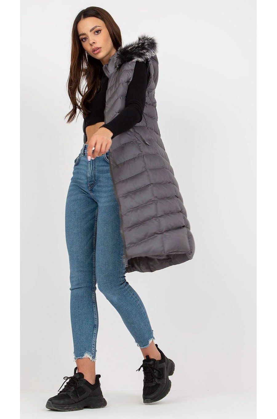 Vesta dama lunga, gri, cu gluga si blanita, Raluka Vesta dama lunga, gri, cu gluga si blanita, Raluka 2 - jojofashion.ro