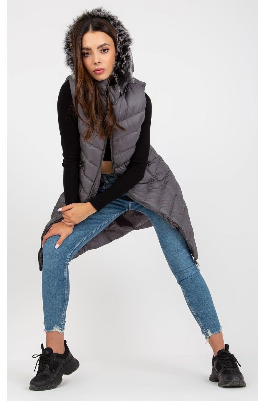 Vesta dama lunga, gri, cu gluga si blanita, Raluka Vesta dama lunga, gri, cu gluga si blanita, Raluka 3 - jojofashion.ro