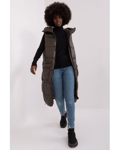Vesta dama lunga, matlasata, kaki, cu gluga si buzunare, Chelsee Veste dama, Vesta dama lunga, matlasata, kaki, cu gluga si buzunare, Chelsee - jojofashion.ro