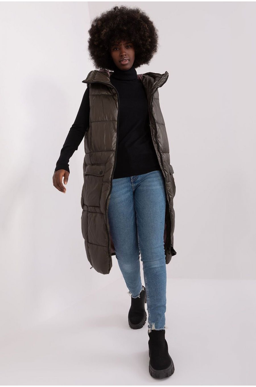 Vesta dama lunga, matlasata, kaki, cu gluga si buzunare, Chelsee 1 - jojofashion.ro