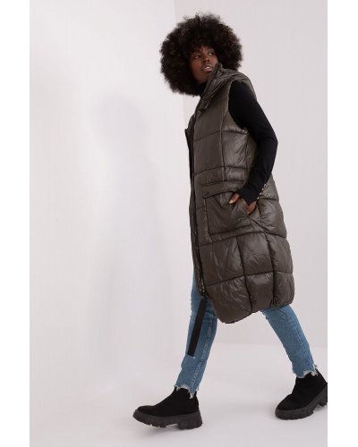 Vesta dama lunga, matlasata, kaki, cu gluga si buzunare, Chelsee Veste dama, Vesta dama lunga, matlasata, kaki, cu gluga si buzunare, Chelsee - jojofashion.ro