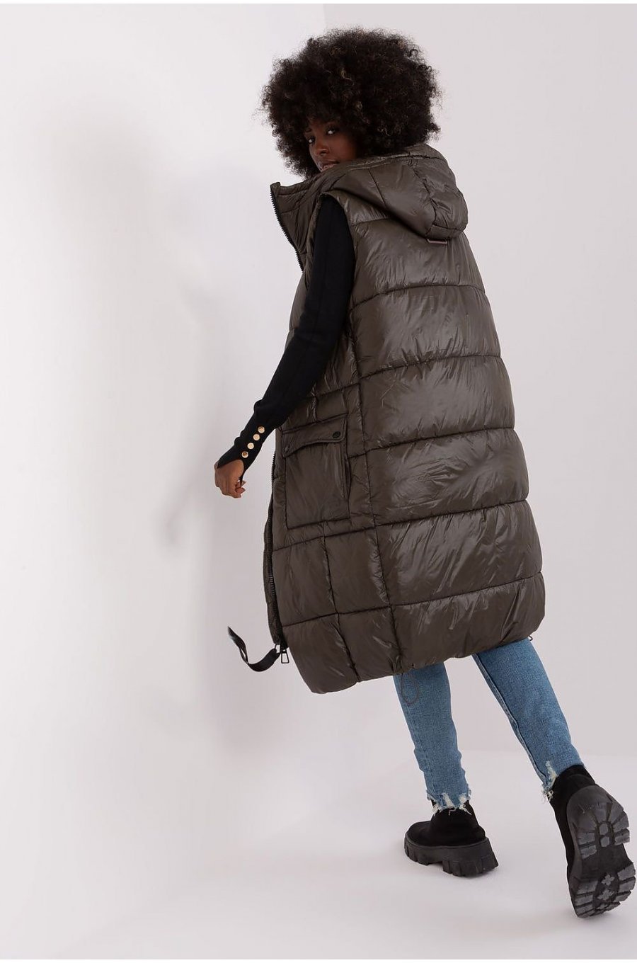 Vesta dama lunga, matlasata, kaki, cu gluga si buzunare, Chelsee 3 - jojofashion.ro