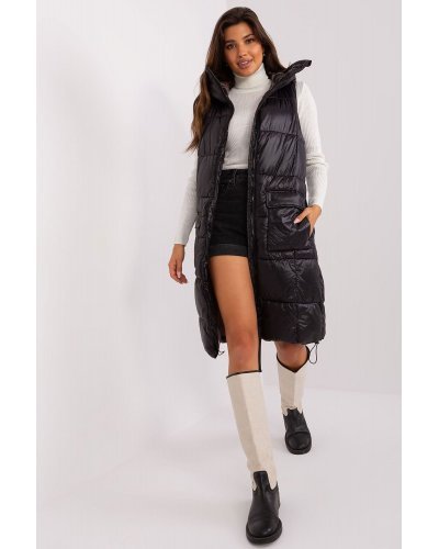 Vesta dama lunga, matlasata, neagra, cu gluga si buzunare, Chelsee Veste dama, Vesta dama lunga, matlasata, neagra, cu gluga si buzunare, Chelsee - jojofashion.ro