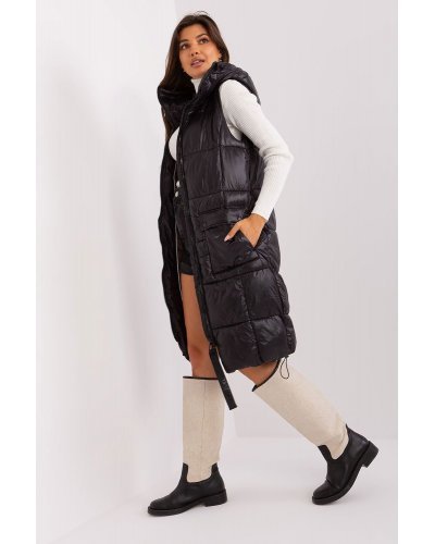 Vesta dama lunga, matlasata, neagra, cu gluga si buzunare, Chelsee Veste dama, Vesta dama lunga, matlasata, neagra, cu gluga si buzunare, Chelsee - jojofashion.ro