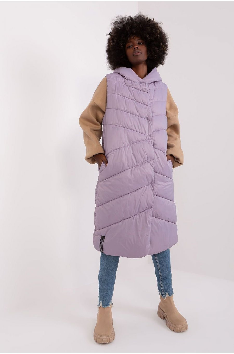 Vesta dama lunga matlasata, oversize, lila, captusita, cu gluga si buzunare, Salma 1 - jojofashion.ro
