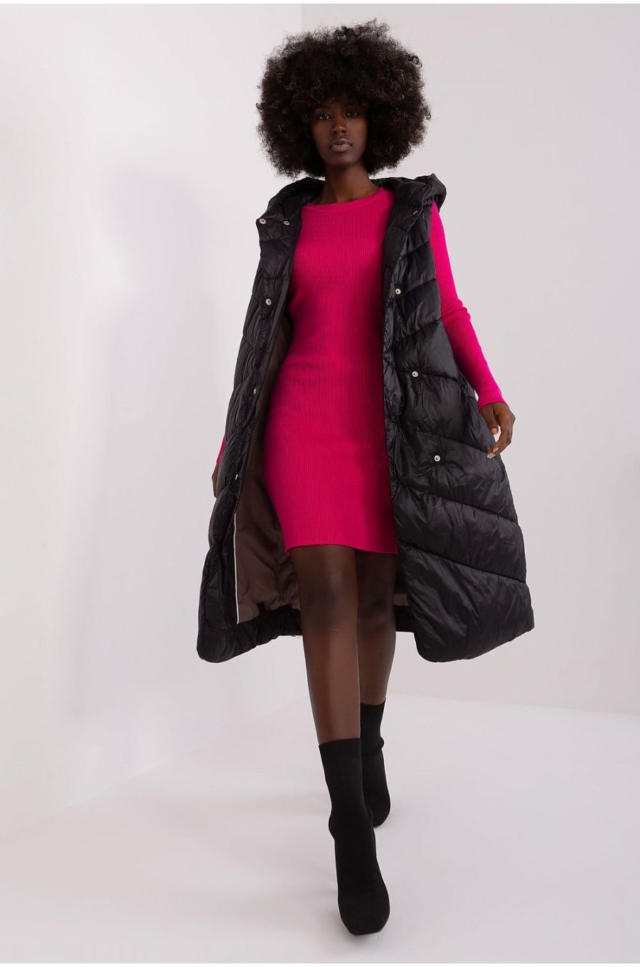Vesta dama lunga matlasata, oversize, neagra, captusita, cu gluga si buzunare, Salma 1 - jojofashion.ro