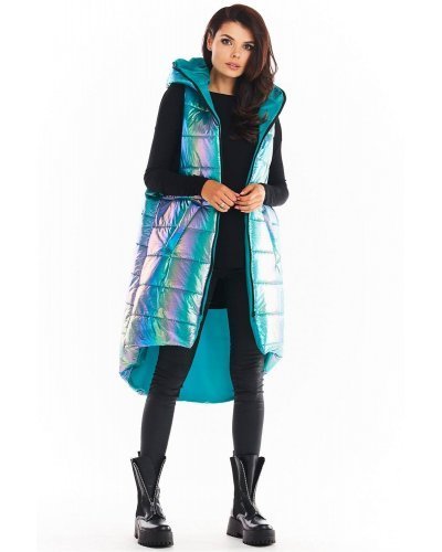 Vesta dama lunga oversize, albastra cu reflexii, asimetrica, cu gluga, Stacy Vesta dama lunga oversize, albastra cu reflexii, asimetrica, cu gluga, Stacy - jojofashion.ro