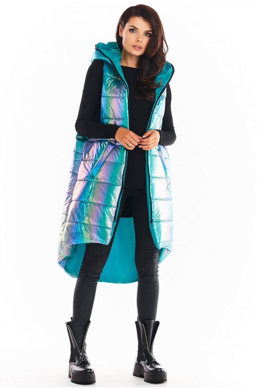 Vesta dama lunga oversize, albastra cu reflexii, asimetrica, cu gluga, Stacy 1 - jojofashion.ro