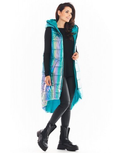 Vesta dama lunga oversize, albastra cu reflexii, asimetrica, cu gluga, Stacy Vesta dama lunga oversize, albastra cu reflexii, asimetrica, cu gluga, Stacy - jojofashion.ro
