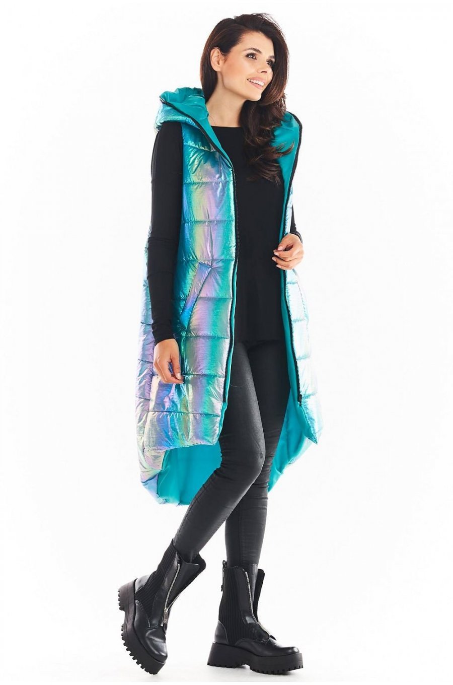 Vesta dama lunga oversize, albastra cu reflexii, asimetrica, cu gluga, Stacy 2 - jojofashion.ro
