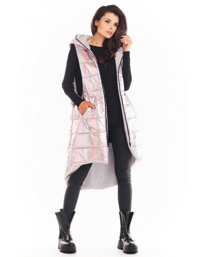 Vesta dama lunga oversize, roz cu reflexii argintii, asimetrica, cu gluga, Stacy Vesta dama lunga oversize, roz cu reflexii argintii, asimetrica, cu gluga, Stacy - jojofashion.ro