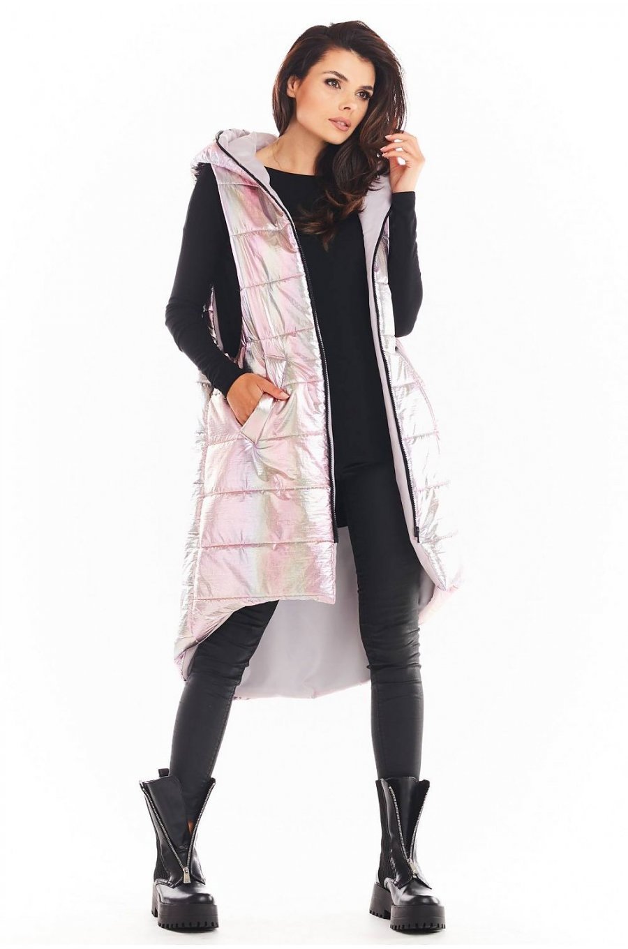 Vesta dama lunga oversize, roz cu reflexii argintii, asimetrica, cu gluga, Stacy 1 - jojofashion.ro
