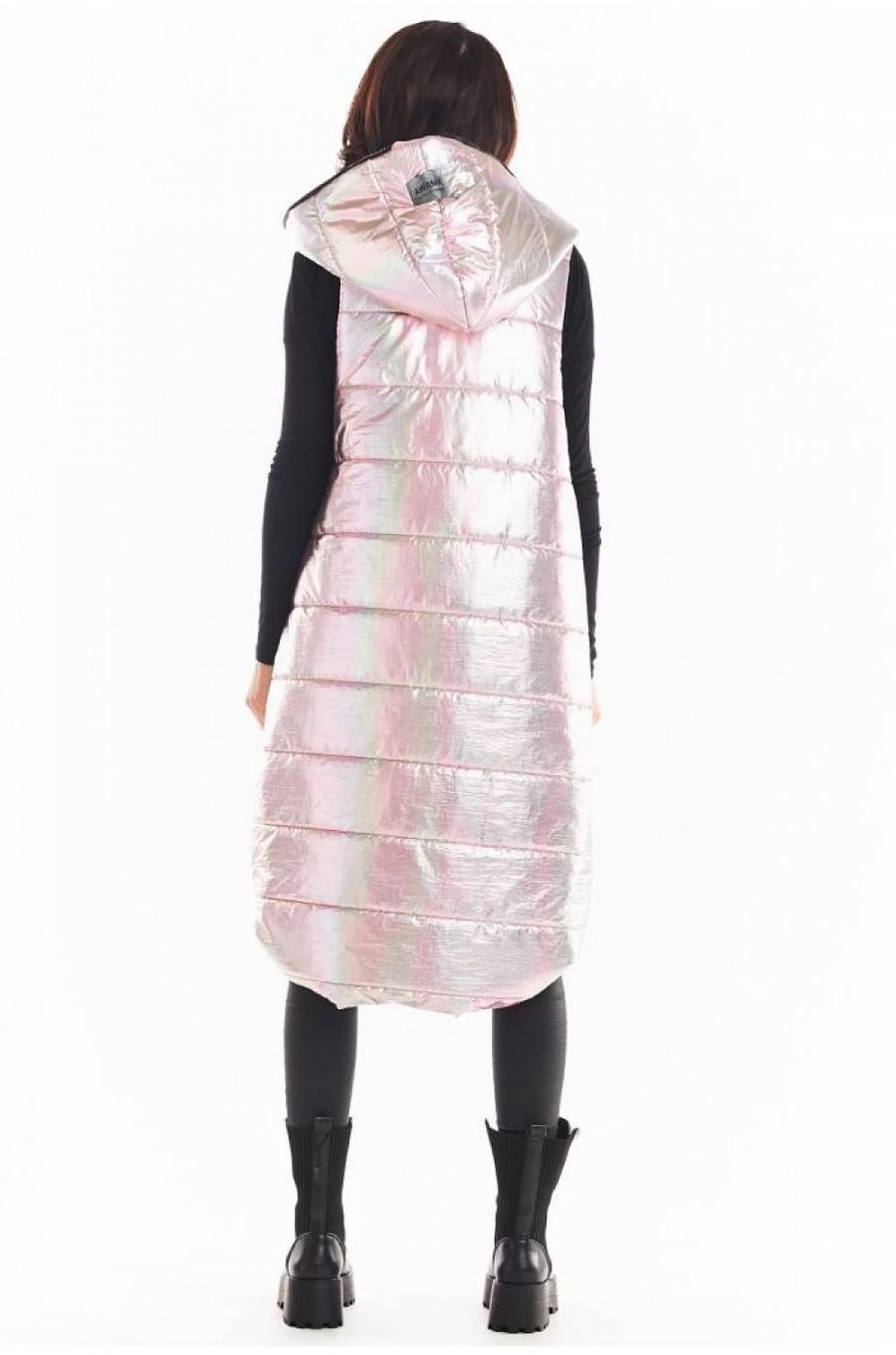 Vesta dama lunga oversize, roz cu reflexii argintii, asimetrica, cu gluga, Stacy 2 - jojofashion.ro
