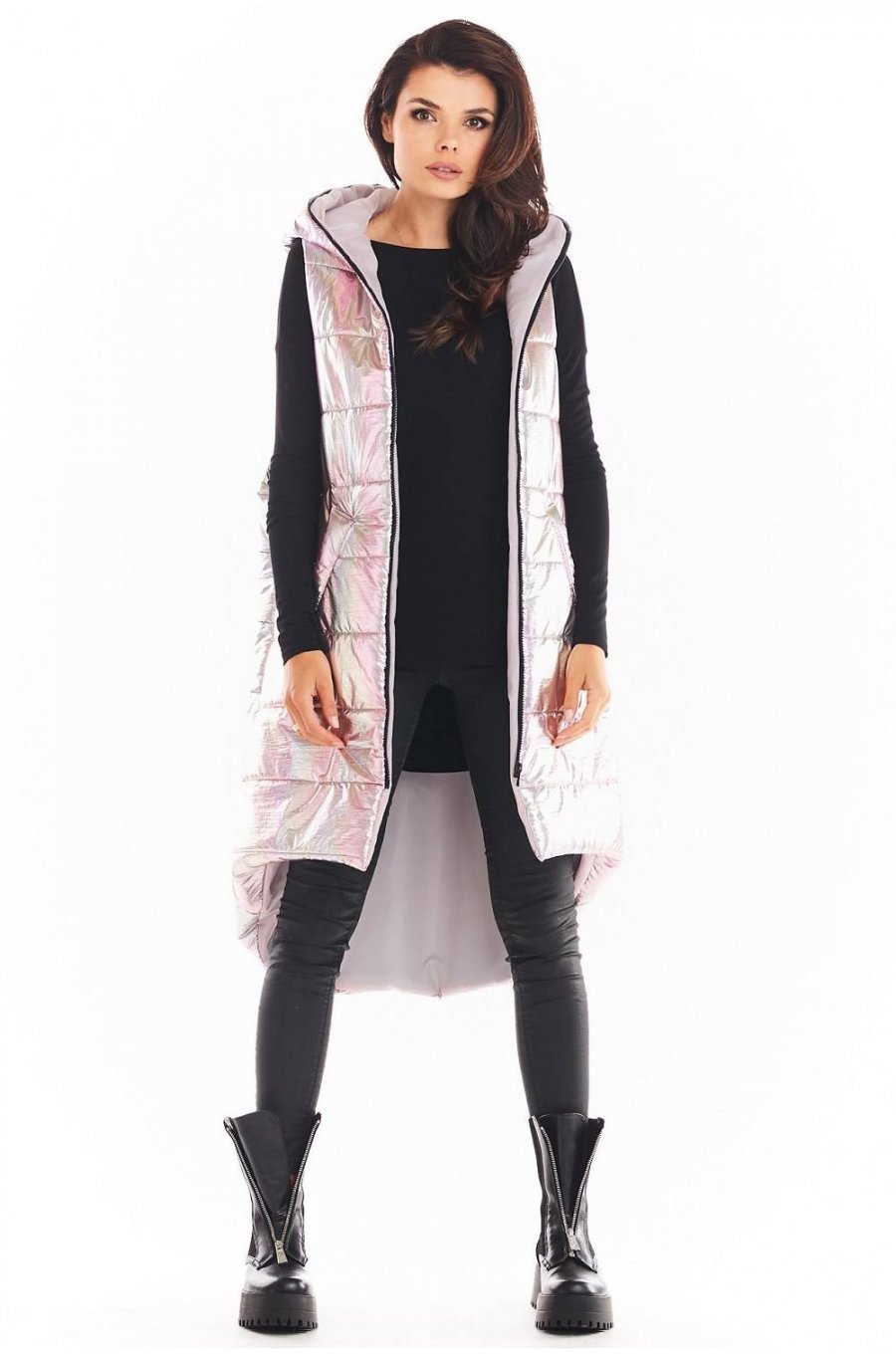 Vesta dama lunga oversize, roz cu reflexii argintii, asimetrica, cu gluga, Stacy 3 - jojofashion.ro