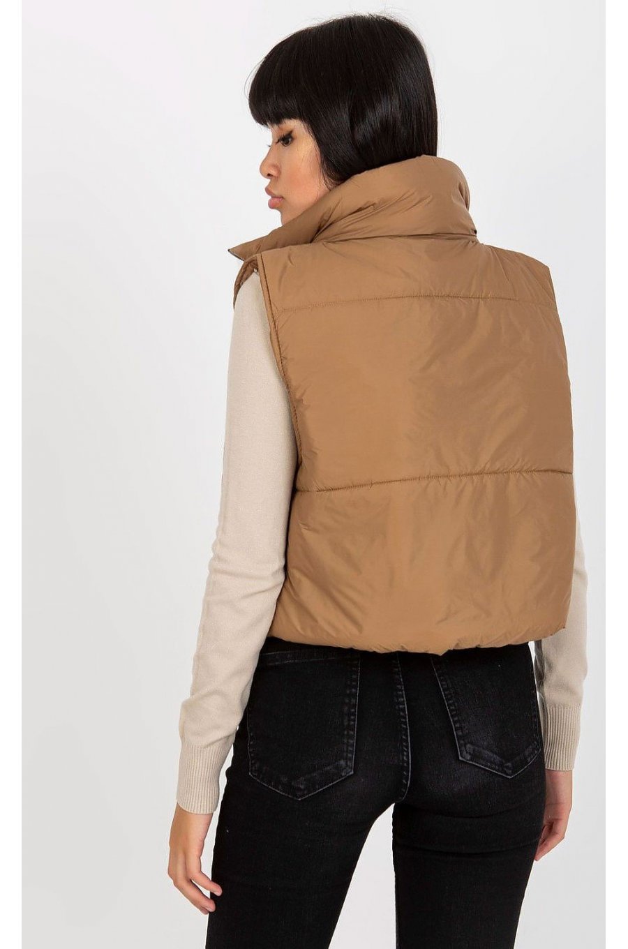 Vesta dama matlasata scurta, maro, cu guler inalt, Sindee Vesta dama matlasata scurta, maro, cu guler inalt, Sindee 2 - jojofashion.ro