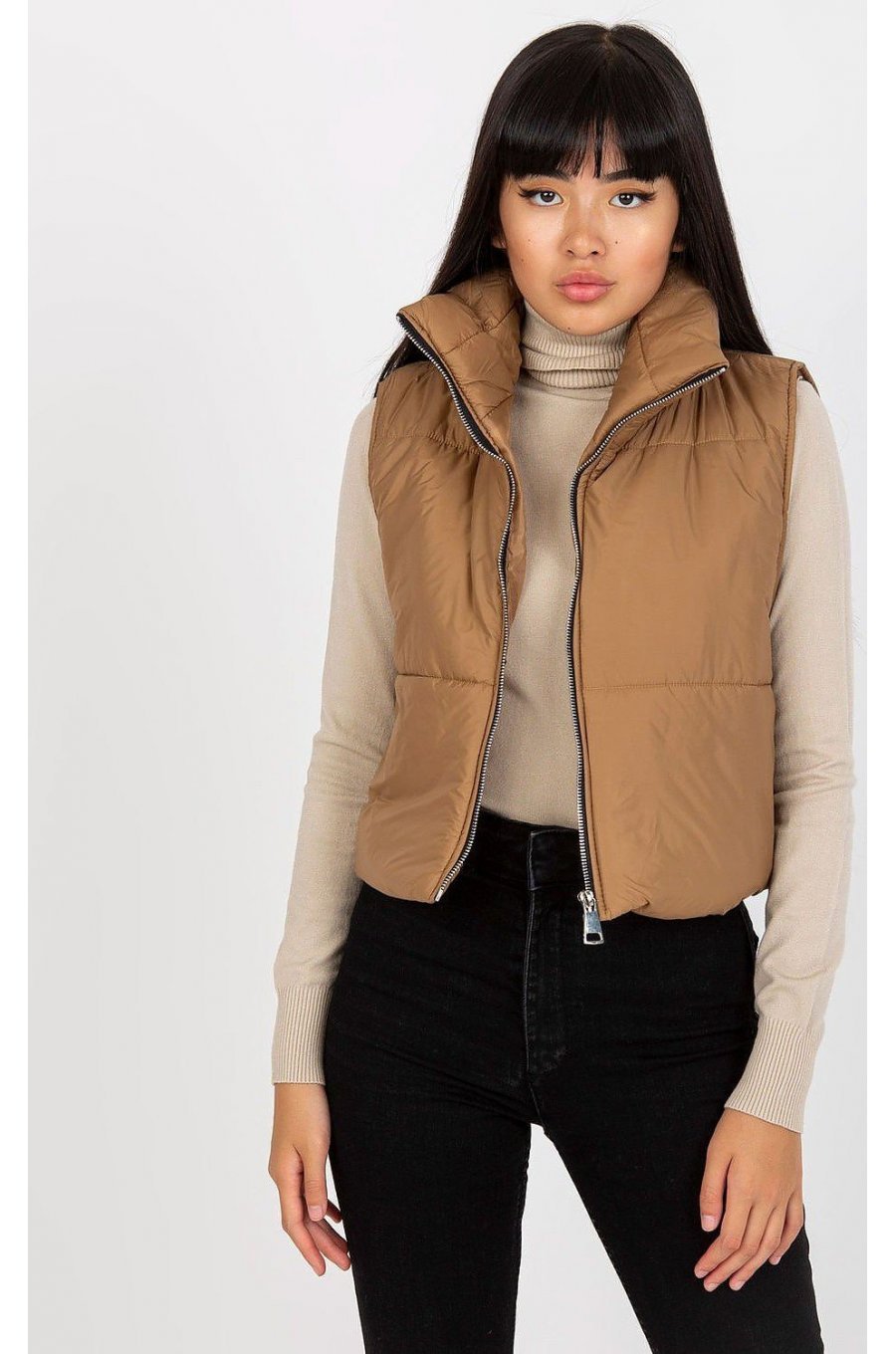 Vesta dama matlasata scurta, maro, cu guler inalt, Sindee Vesta dama matlasata scurta, maro, cu guler inalt, Sindee 3 - jojofashion.ro