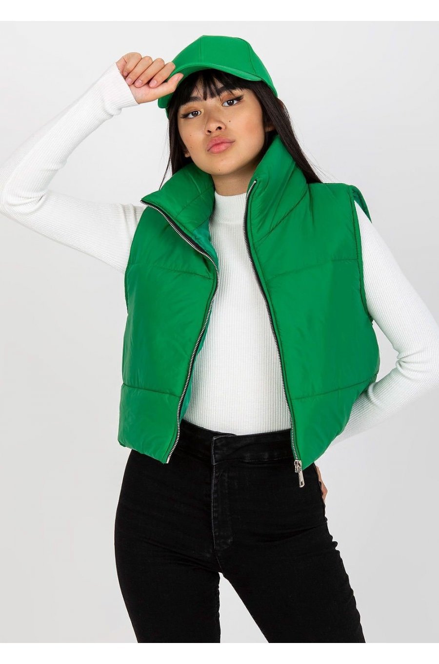 Vesta dama matlasata scurta, verde, cu guler inalt, Sindee Vesta dama matlasata scurta, verde, cu guler inalt, Sindee 1 - jojofashion.ro