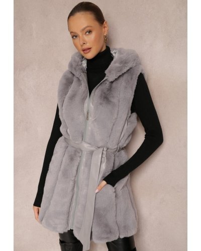 Vesta dama midi, din blana eco gri, cu gluga si cordon, Kanita Vesta dama midi, din blana eco gri, cu gluga si cordon, Kanita - jojofashion.ro